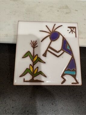 Handcrafted Kokopelli Ceramic Tile Art in White with Purple and Green Accents